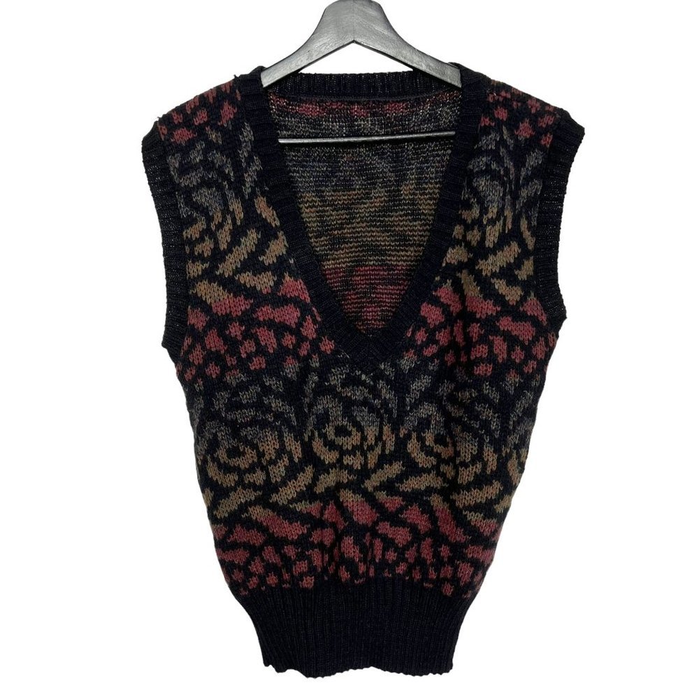 Vintage 90s Black Multicolor Rosette Like Pattern Sweater Vest Small